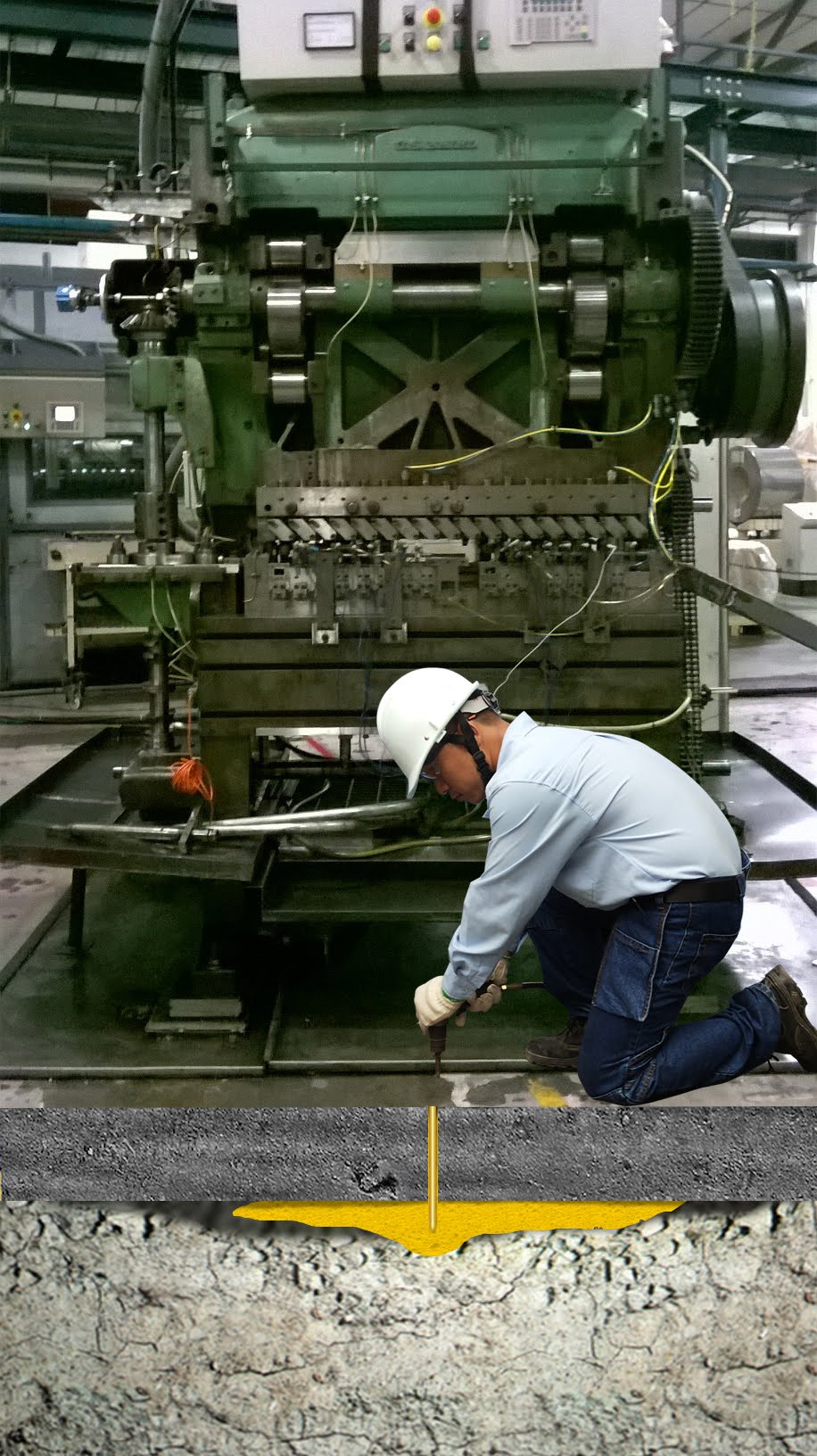 Explanatory cutaway showing targeted resin injection underway