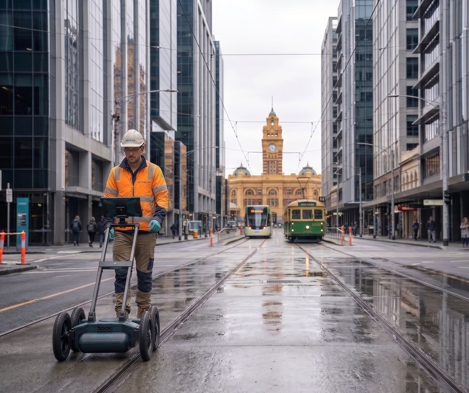 Technician operating GPR equipment to survey buried infrastructure on an urban street